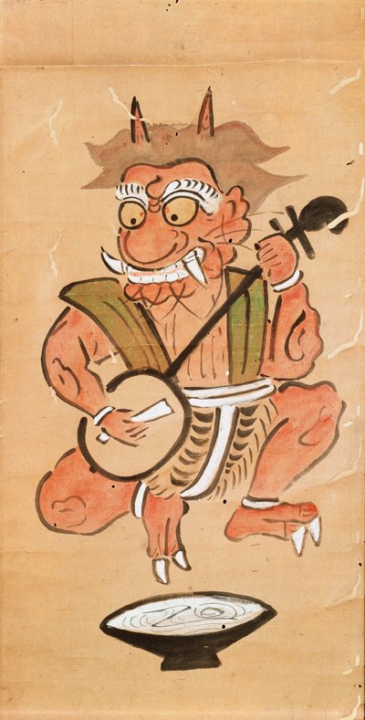 Kakemono representando um demônio jogando o shamisen (tinta e cor no rolo de papel) de Japanese School