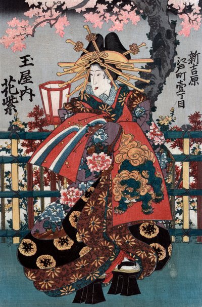 Painel esquerdo de um tríptico de cortesãs japonesas de Japanese School