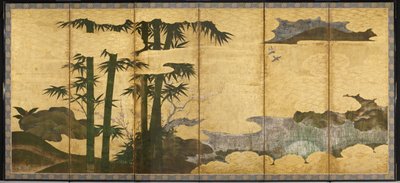 Moonlit Bamboo Grove, início do século XVI (par de seis telas de painel; tinta, cor e ouro
no papel) de Japanese School