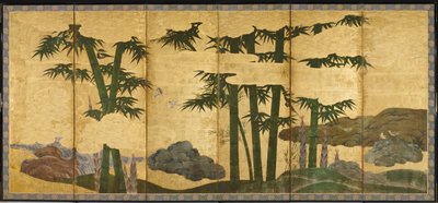 Moonlit Bamboo Grove, início do século 16 (par de telas de seis painéis; tinta, cor e ouro no papel) de Japanese School