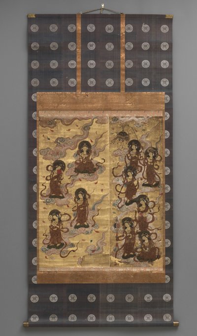Pintura mural: Descendência de vinte e cinco
bodhisattvas (tratadores da tríade Amitabha),
Século XVIII (Tríptico pergaminhos suspensos: tinta, cor e ouro
folha sobre papel, latão) de Japanese School