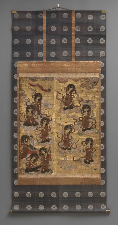 Pintura mural: Descendência de vinte e cinco
bodhisattvas (tratadores da tríade Amitabha),
Século XVIII (Tríptico pergaminhos suspensos: tinta, cor e ouro
folha sobre papel, latão) de Japanese School
