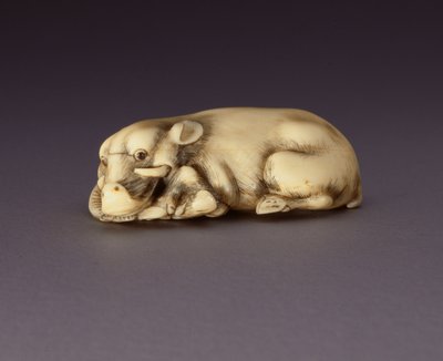 Netsuke representando um javali reclinado, c. 1750-80 (chifre narwahl) (ver também 210190) de Japanese School