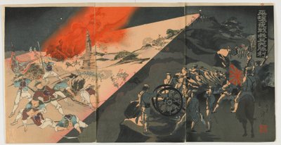 Batalha Noturna em Pingyang, era Meiji, 1894 (impressão em xilogravura a cores) de Japanese School