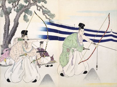 Nobres praticam arco e flecha (detalhe ver 255314), século XIX, de um álbum de xilogravuras, impressão de bloco de madeira de cor de Japanese School