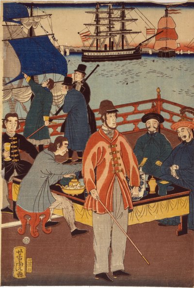 Uma impressão do tríptico mostrando comerciantes europeus a tomar um refresco com japoneses. No fundo estão navios no porto de Yokohama, Japão de Japanese School
