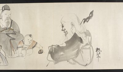 Ou. 14872, f.30 Dois adultos e uma criança, de Yoshida Seisai (rolo de mão) de Japanese School
