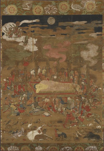 Parinirvana de Sakyamuni, o Buda Histórico (tinta, cor e ouro em seda) de Japanese School