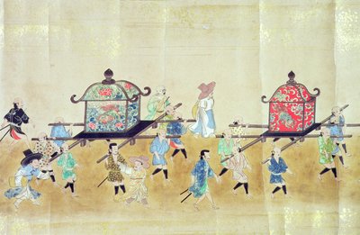 Parte da Sexta Embaixada da Coreia no Japão na época da sucessão de Tokugawa Ietsunas em 1651, possivelmente por Kano Masunobu (1625-94) 1655-57 (pintura de rolagem) (ver também 120822 e 120823) de Japanese School