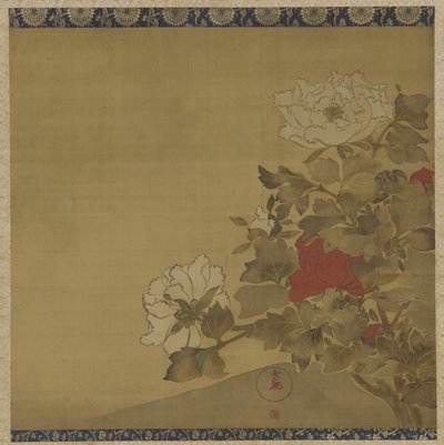 Peônias, período Edo (tinta e cor na seda) de Japanese School