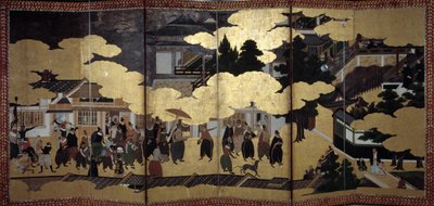 Ecrã "português": uma representação da chegada dos missionários jesuítas portugueses ao Japão, no século XVI. Realizado pela Escola de Kano (?). 1593-1600. Museu de Arte Antiga de Lisboa de Japanese School