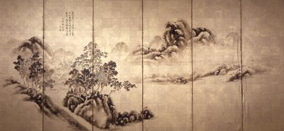 Recto: Landscape After Mi Fei, c.1810 (tinta sobre folha de ouro) de Japanese School