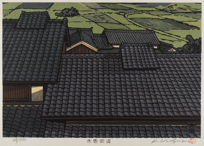 Telhado da série Kisokaido (impressão de woodblock de cor) de Japanese School
