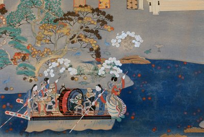 Barco a remo, ilustração para Eiga Monogatari (Story of Splendor), de Akazome Emon (ca. 956-1041). Japão de Japanese School