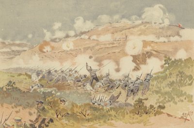 Contra-ataque russo à nossa posição em Chien-shan (chromolitho) de Japanese School