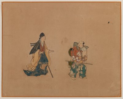 Samurai e Dois Cegos, Album Leaf Painting (tinta e cor sobre papel) de Japanese School