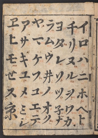Schichi iroha, mostrando katakana syllabary (tinta sobre papel) de Japanese School