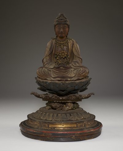 Miroku Bosatsu sentado (madeira policromada com cristal, metal e folha de ouro) de Japanese School