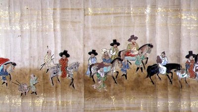 Sexta Embaixada da Coreia no Japão em Meireki 1 na época da sucessão de Tokugawa Ietsuna em 1651, possivelmente por Kano Masunobu (1625-94) (pintura scroll) (detalhe) de Japanese School