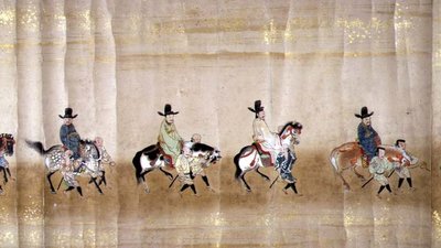 Sexta Embaixada da Coreia no Japão em Meireki 1 na época da sucessão de Tokugawa Ietsuna em 1651, possivelmente por Kano Masunobu (1625-94) (pintura scroll) (detalhe) de Japanese School