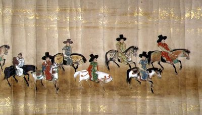 Sexta Embaixada da Coreia no Japão em Meireki 1 na época da sucessão de Tokugawa Ietsuna em 1651, possivelmente por Kano Masunobu (1625-94) (pintura scroll) (detalhe) de Japanese School