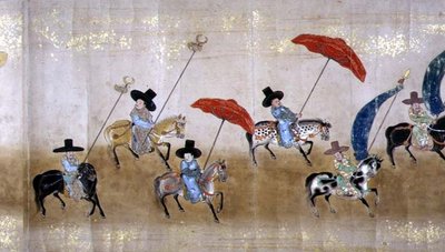 Sexta Embaixada da Coreia no Japão em Meireki 1 na época da sucessão de Tokugawa Ietsuna em 1651, possivelmente por Kano Masunobu (1625-94) (pintura scroll) (detalhe) de Japanese School