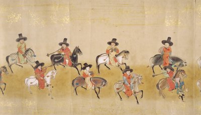 Sexta Embaixada da Coreia no Japão em Meireki 1 na época da sucessão de Tokugawa Ietsunas em 1651, possivelmente por Kano Masunobu (1625-94) (pintura de rolagem) (detalhe) de Japanese School