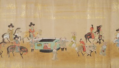 Sexta Embaixada da Coreia no Japão em Meireki 1 na época da sucessão de Tokugawa Ietsunas em 1651, possivelmente por Kano Masunobu (1625-94) (pintura de rolagem) (detalhe) de Japanese School