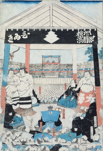 Lutadores de sumô prestes a começar uma luta (impressão em xilogravura) de Japanese School