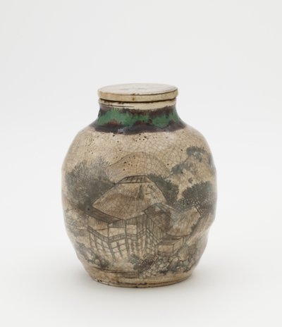 Jarra de folhas de chá para sencha, com tampa correspondente, utensílios relacionados a Kyoto, jarra de folhas de chá (sencha tsubo) de Japanese School