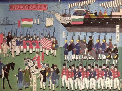A chegada do esquadrão do Comodoro Perry em um porto japonês em 1853 (impressão em xilogravura a cores) de Japanese School