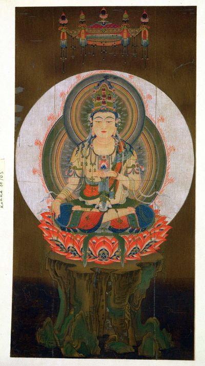 O Bodhisattva Akashagarba segurando o Cintamani (desejo dando) Jewel na mão esquerda e sentado em um lótus, ilustração após um kakemono do século IX do templo de Daigo, publicado em Th de Japanese School