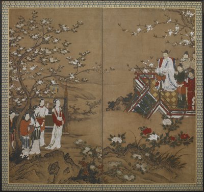 O imperador chinês Ming Huang e sua concubina Yang Kuei-fei tocando e cantando para fazer as flores desabrocharem, período Edo (cor e ouro no papel) de Japanese School