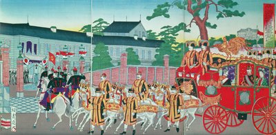 O Imperador Mutsuhito (1852-1912) Retornando ao seu palácio em Tóquio, no final do século XIX (impressão xilogravura a cores) de Japanese School