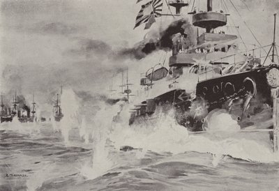 O Mikasa luta corajosamente contra o esquadrão russo ao largo de Port Arthur a 10 de Agosto (litho) de Japanese School