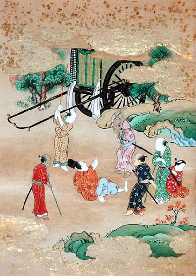 O Monge Shogaku (1126-1235) a ser atacado por Brigands (aguarela sobre papel) de Japanese School