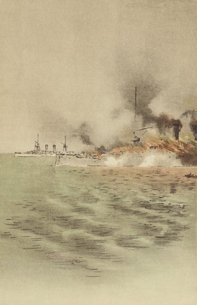 A Varyag pegou fogo à sua própria tripulação para impedir a captura em Chemulpo (chromolitho) de Japanese School