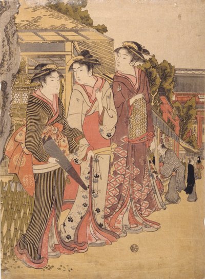 Three Beauties In The Marketplace (impressão em bloco de madeira a cores) de Japanese School