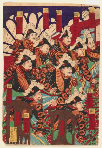 Três folhas de um tríptico, 1868-1912 (impressão em xilogravura) (ver também 406926 e 406927) de Japanese School