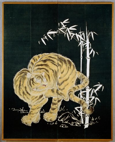 Tigre e bambu, motivo sobre tela de algodão de duas portas (byobu), amido de arroz e imersão de índigo com pigmentos, civilização japonesa, período Meiji-Taisho de Japanese School