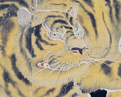 Focinho de tigre, pormenor de uma tela de algodão, dobrável em dois painéis (byobu), tingida em reserva com amido de arroz e imersão em índigo com pigmentos, civilização japonesa, período Meiji-Taisho de Japanese School