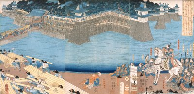Tríptico mostrando um forte sendo construído pelo rio Kunigos, período Edo 1603-1868. de Japanese School