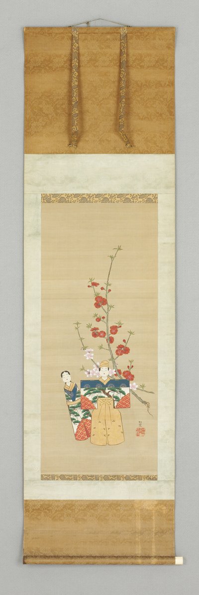 Duas bonecas japonesas e uma floração
Ramo, final do século XVIII (cor sobre seda) de Japanese School