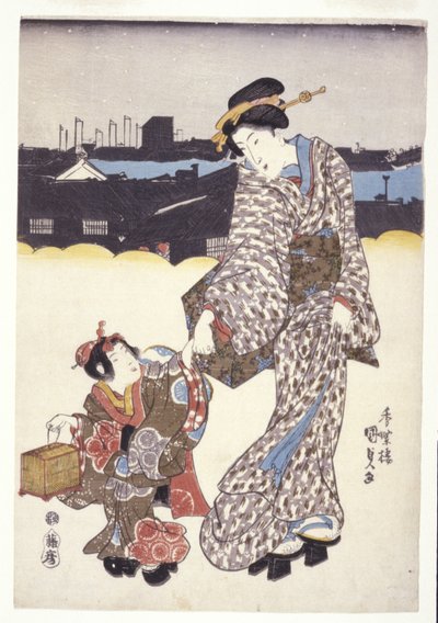Sem título (Uma mulher e uma criança) (xilogravura colorida) de Japanese School