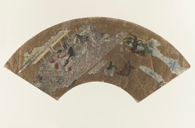 Untitled - Pintura em forma de leque de senhoras sentadas em um pavilhão jogando um jogo, 1603-1868 de Japanese School