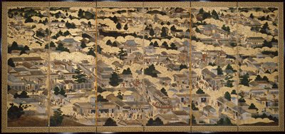 Vistas de Quioto e arredores (Rakuchu rakugai zu), ca.1616-24 (tinta, cor e folha de ouro sobre papel) de Japanese School