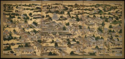 Vistas de Quioto e arredores (Rakuchu rakugai zu), ca.1616-24 (tinta, cor e folha de ouro sobre papel) de Japanese School