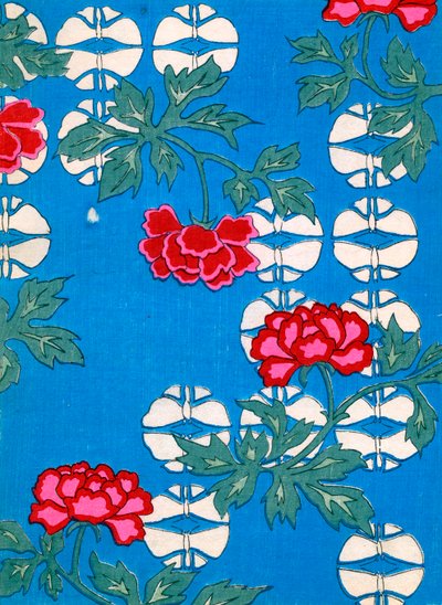 Lanternas Brancas e Peônias sobre fundo azul de Japanese School