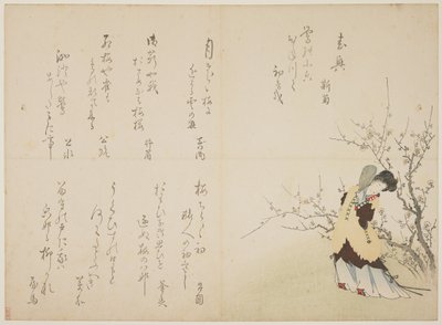 Mulher em traje de tribunal chinês, c.1830-44 (impressão de woodblock de cor, karazuri em casaco de pele) de Japanese School