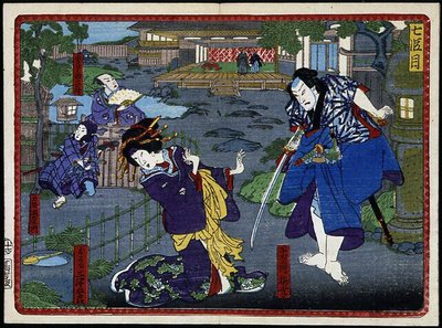 Mulher em quimono e samurai - em "A vingança dos 47 ronins" do século XIX: Série Kabouki de Japanese School